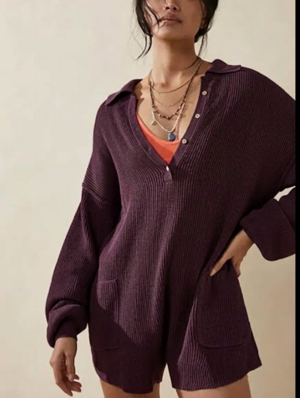 Free People Picnic Knit Sweater Romper Cotton Linen Plum Purple XS